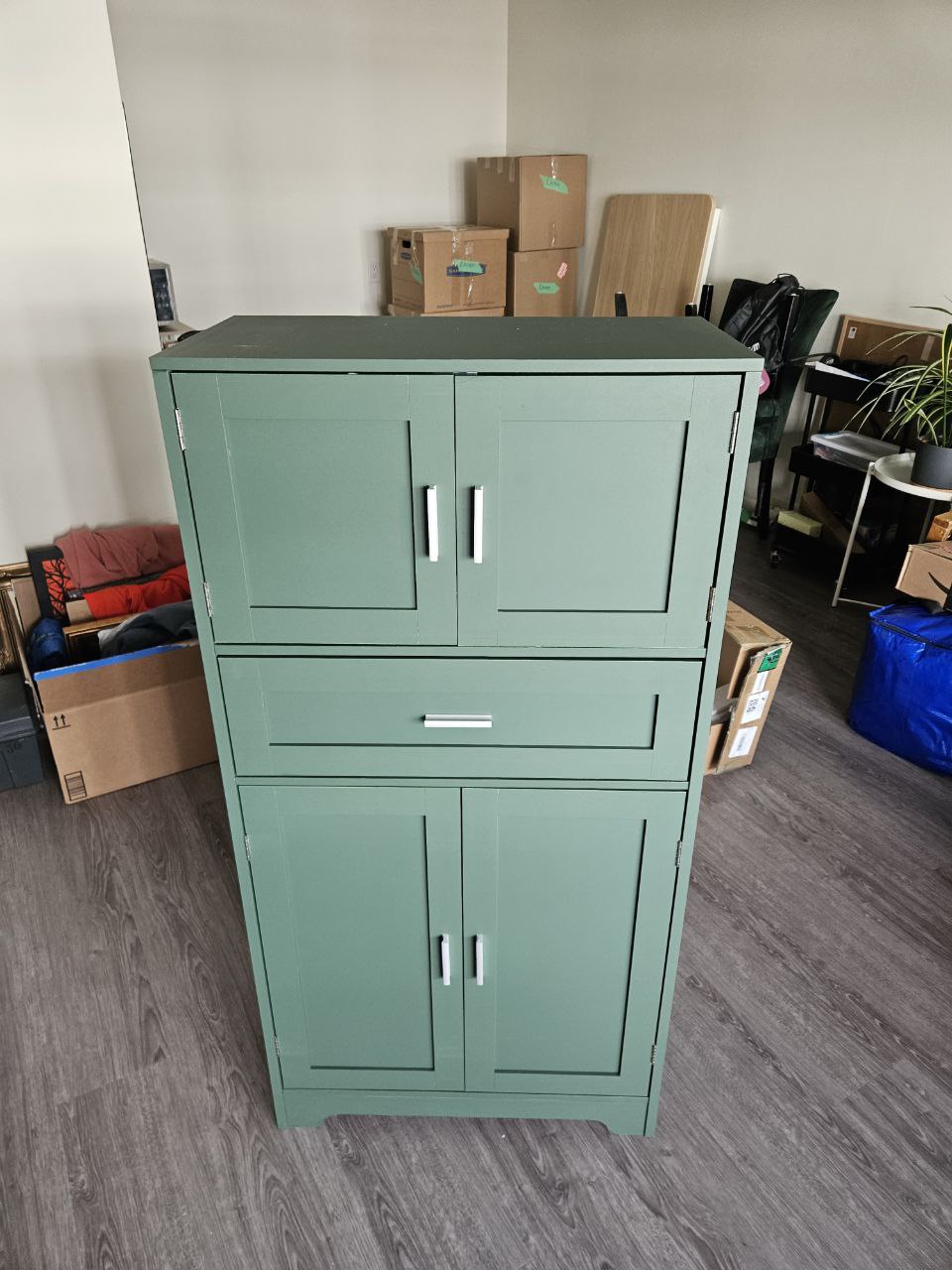 Assembled green storage cabinet in Calgary living space